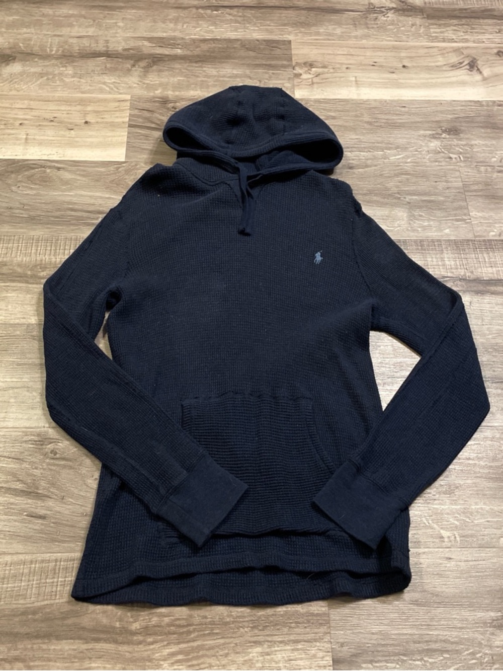 Ralph Lauren Navy Knit Hoodie with Gold Logo Tag